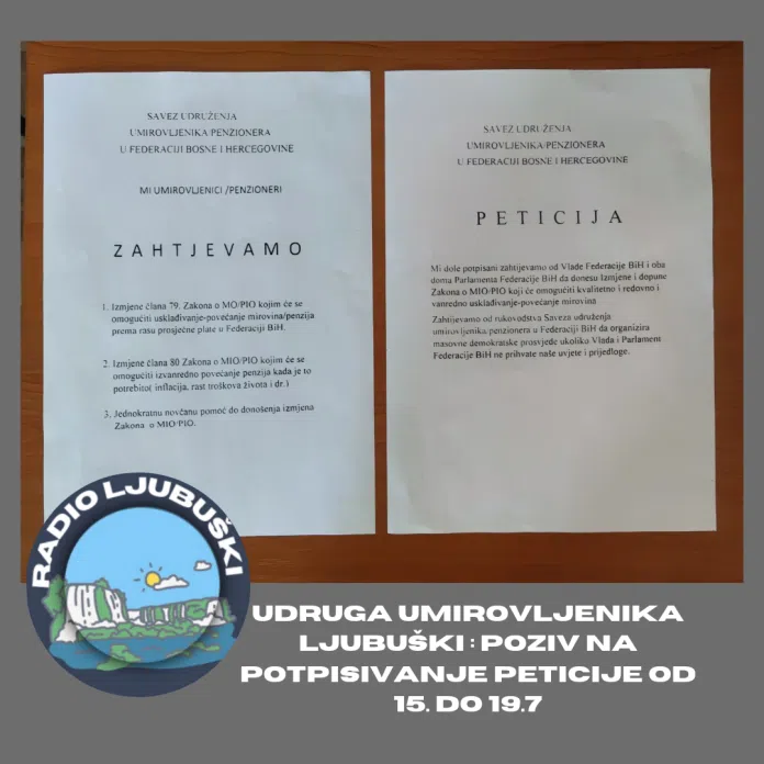 Poziv Udruge umirovljenika Ljubuški Poziv Udruge Umirovljenika Ljubuski