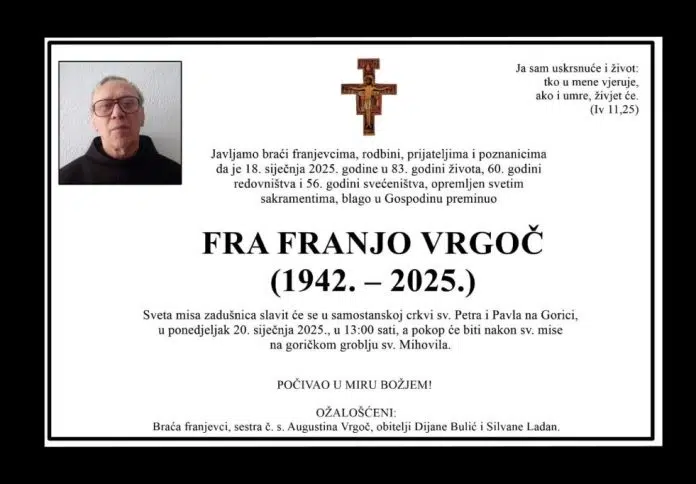 Preminuo fra Franjo Vrgoč, svećenik franjevac Bosne Srebrene