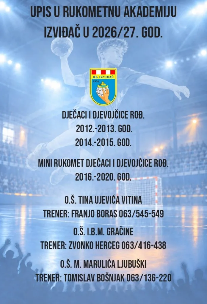 Otvoren upis u Rukometnu akademiju Izviđač za sezonu 2026./27.